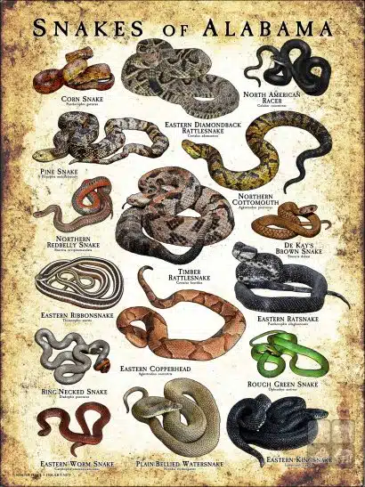 Poster design featuring various species of snake native to Alabama