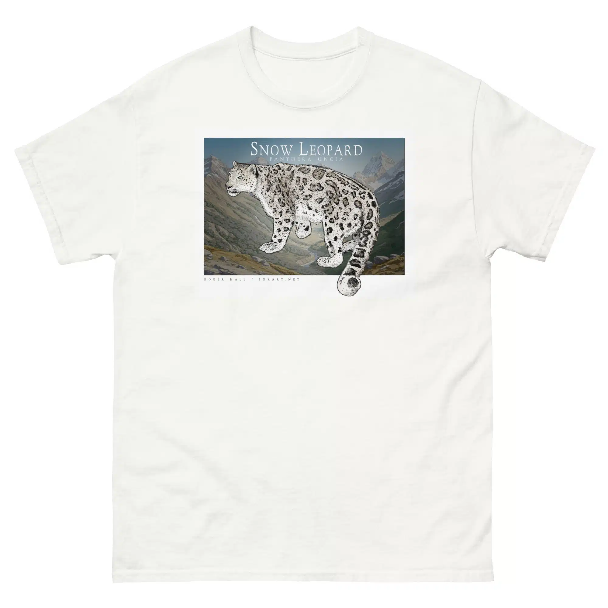 unisex-classic-tee-white-front-67b50a0b3b074.jpg Colorful drawing of a Snow Leopard