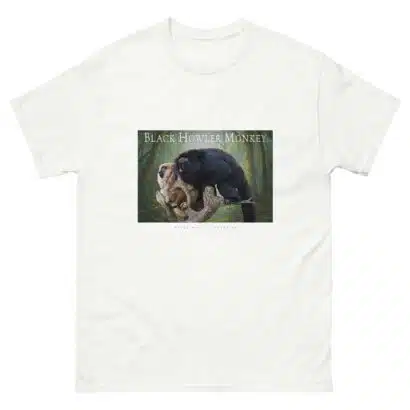 Fine art illustration of a Black Howler Monkey printed on a high-quality 100% unisex cotton t-shirt.