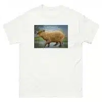 Fine art illustration of a Capybara printed on a high-quality 100% unisex cotton t-shirt.