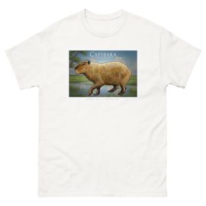 Fine art illustration of a Capybara printed on a high-quality 100% unisex cotton t-shirt.