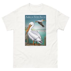 Fine art illustration of an American White Pelican printed on a high-quality 100% unisex cotton t-shirt.