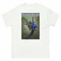 Fine art illustration of a Hyacinth Macaw printed on a high-quality 100% unisex cotton t-shirt.