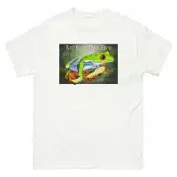 Fine art illustration of a Red-Eyed Tree Frog printed on a high-quality 100% unisex cotton t-shirt.