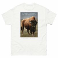 Fine art illustration of an American Bison printed on a high-quality 100% unisex cotton t-shirt.