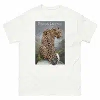 Fine art illustration of a Persian Leopard printed on a high-quality 100% unisex cotton t-shirt.