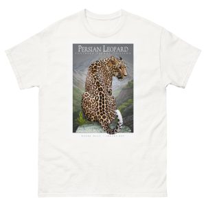 Fine art illustration of a Persian Leopard printed on a high-quality 100% unisex cotton t-shirt.