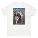 Fine art illustration of a Long-Eared Owl printed on a high-quality 100% unisex cotton t-shirt.