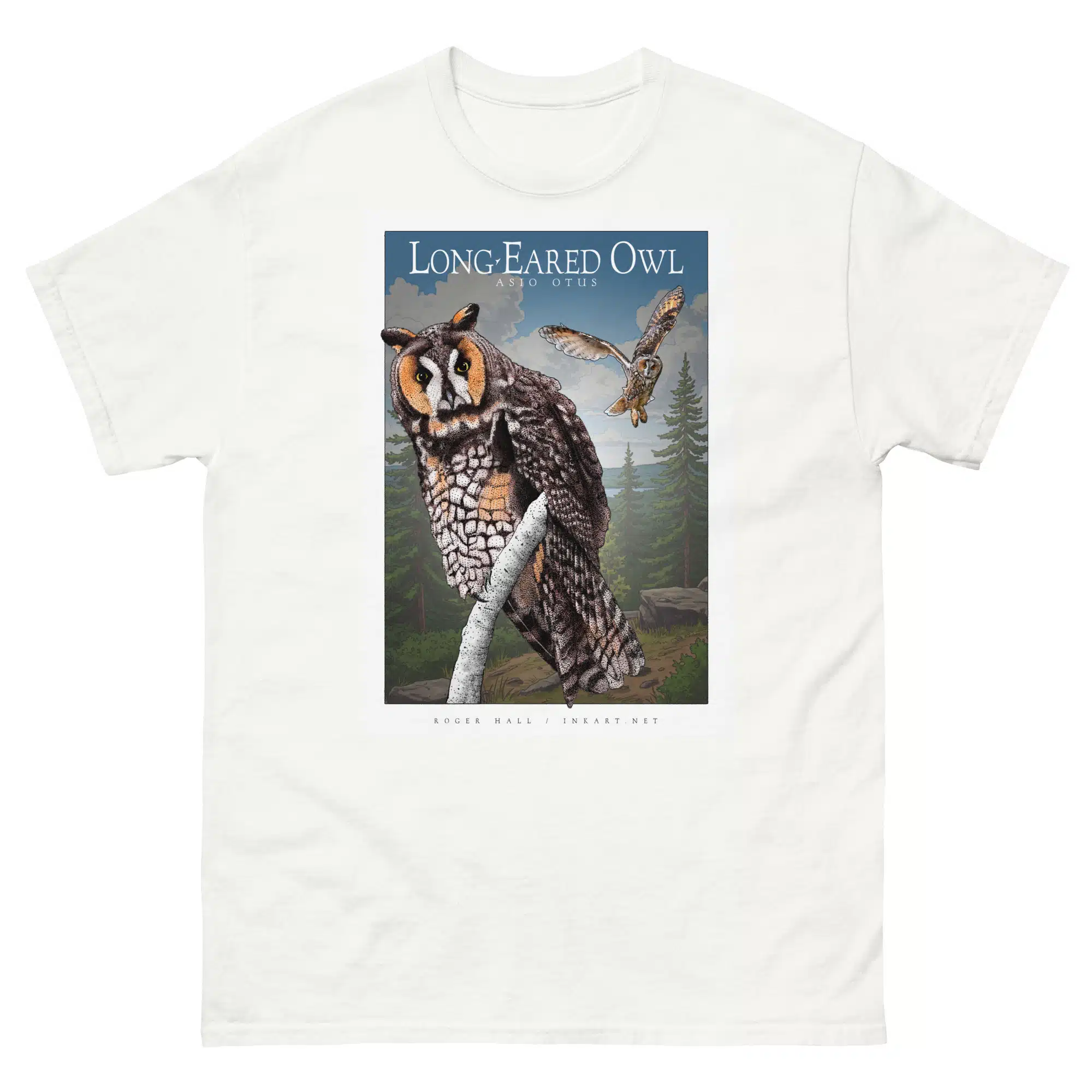 Long-Eared Owl unisex-classic-tee Fine art illustration of a Long-Eared Owl printed on a high-quality 100% unisex cotton t-shirt.
