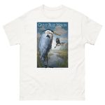 Fine art illustration of a Great Blue Heron printed on a high-quality 100% unisex cotton t-shirt.