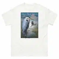 Fine art illustration of a Great Blue Heron printed on a high-quality 100% unisex cotton t-shirt.