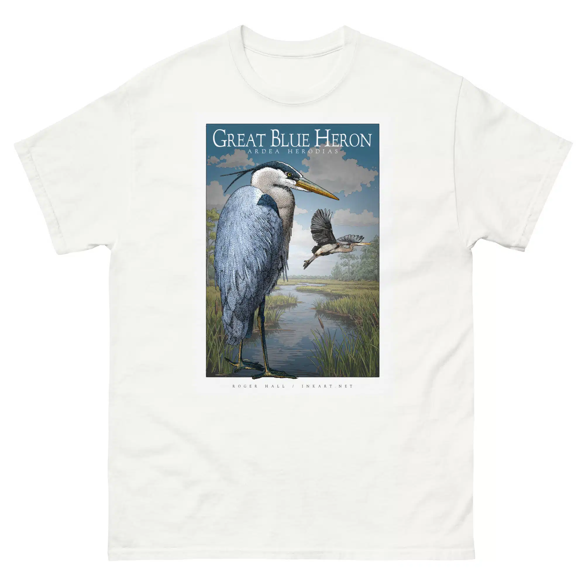 Great Blue Heronunisex-classic-tee-white Fine art illustration of a Great Blue Heron printed on a high-quality 100% unisex cotton t-shirt.