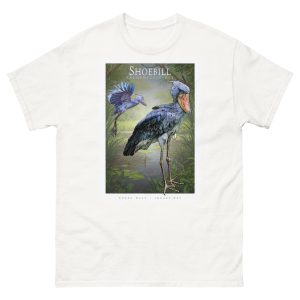 Fine art illustration of a Shoebill printed on a high-quality 100% unisex cotton t-shirt.