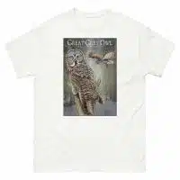 Fine art illustration of a Great Grey Owl printed on a high-quality 100% unisex cotton t-shirt.