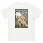 Fine art illustration of an American Barn Owl printed on a high-quality 100% unisex cotton t-shirt.