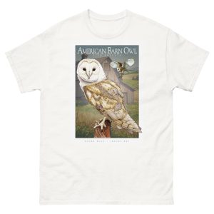 Fine art illustration of an American Barn Owl printed on a high-quality 100% unisex cotton t-shirt.