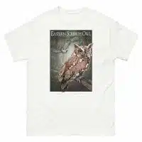 Fine art illustration of an Eastern Screech Owl printed on a high-quality 100% unisex cotton t-shirt.