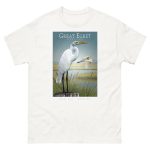 Fine art illustration of a Great Egret printed on a high-quality 100% unisex cotton t-shirt.