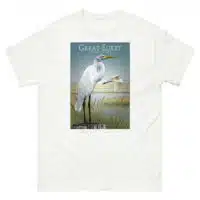 Fine art illustration of a Great Egret printed on a high-quality 100% unisex cotton t-shirt.