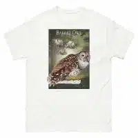 Fine art illustration of a Barred Owl printed on a high-quality 100% unisex cotton t-shirt.
