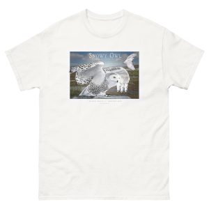 Fine art illustration of a Snowy Owl printed on a high-quality 100% unisex cotton t-shirt.
