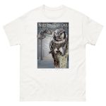 Fine art illustration of a Northern Hawk-Owl printed on a high-quality 100% unisex cotton t-shirt.