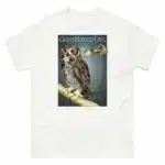 Fine art illustration of a Great-Horned Owl printed on a high-quality 100% unisex cotton t-shirt.