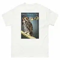 Fine art illustration of a Great-Horned Owl printed on a high-quality 100% unisex cotton t-shirt.