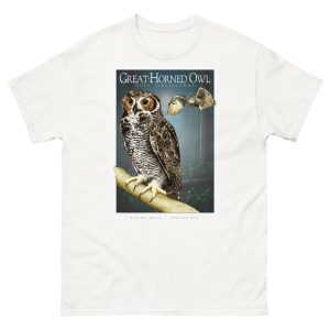 Fine art illustration of a Great-Horned Owl printed on a high-quality 100% unisex cotton t-shirt.