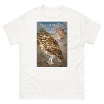 Fine art illustration of a Burrowing Owl printed on a high-quality 100% unisex cotton t-shirt.