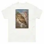 Fine art illustration of a Burrowing Owl printed on a high-quality 100% unisex cotton t-shirt.