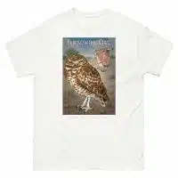 Fine art illustration of a Burrowing Owl printed on a high-quality 100% unisex cotton t-shirt.