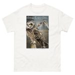 Fine art illustration of a Short-Eared Owl printed on a high-quality 100% unisex cotton t-shirt.