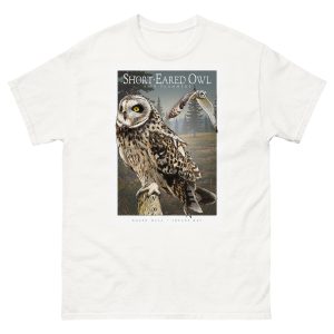 Fine art illustration of a Short-Eared Owl printed on a high-quality 100% unisex cotton t-shirt.