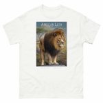 Fine art illustration of an African Lion printed on a high-quality 100% unisex cotton t-shirt.