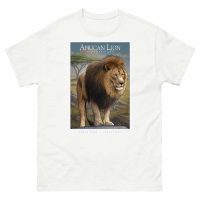 Fine art illustration of an African Lion printed on a high-quality 100% unisex cotton t-shirt.