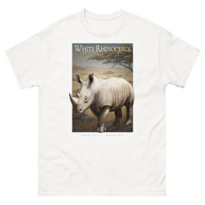 Fine art illustration of a White Rhinoceros printed on a high-quality 100% unisex cotton t-shirt.