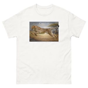 Fine art illustration of a Cheetah printed on a high-quality 100% unisex cotton t-shirt.
