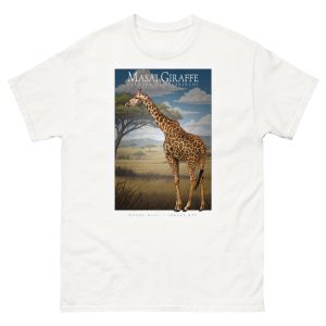 Fine art illustration of a Masai Giraffe printed on a high-quality 100% unisex cotton t-shirt.