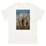Fine art illustration of an African Elephant printed on a high-quality 100% unisex cotton t-shirt.