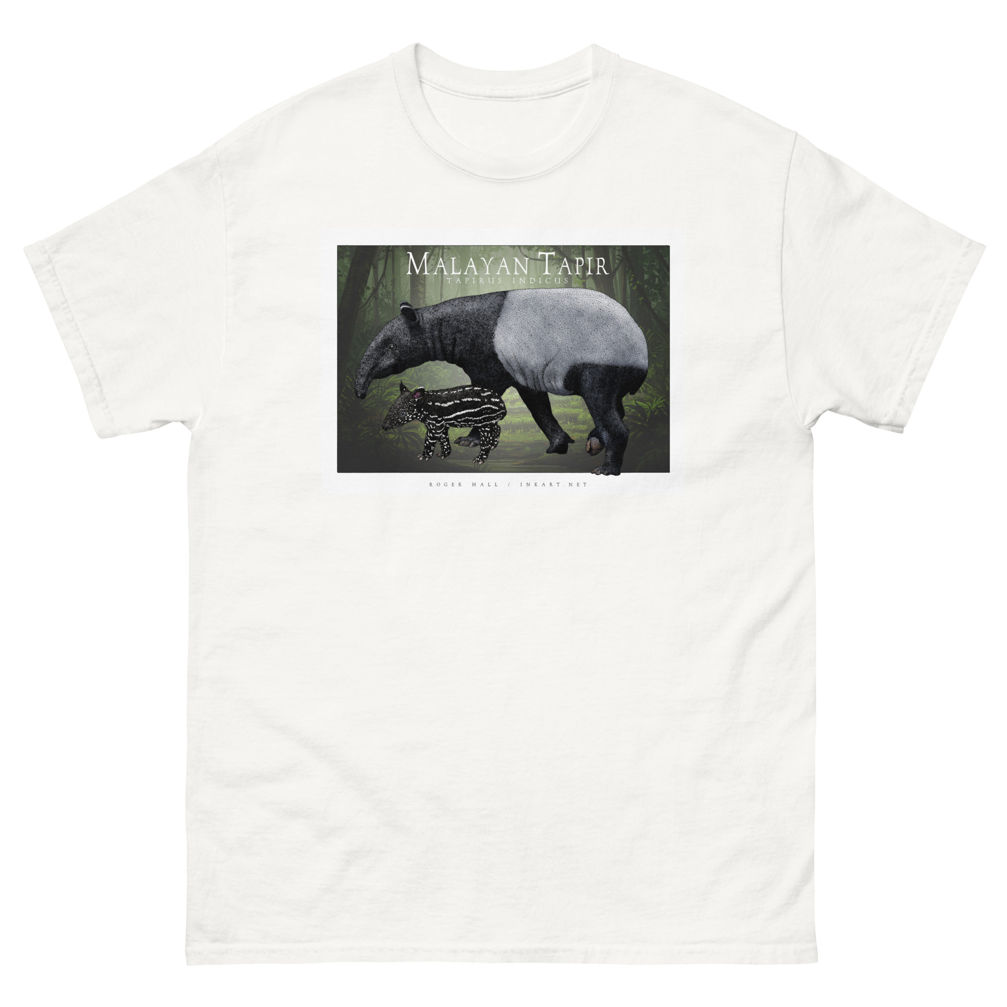 Malayan Tapir and Young unisex-classic-tee-white- Fine art illustration of a Malayan Tapir and Young printed on a high-quality 100% unisex cotton t-shirt.