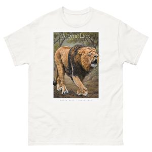 Fine art illustration of an Asiatic Lion printed on a high-quality 100% unisex cotton t-shirt.
