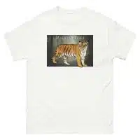 Fine art illustration of a Malayan Tiger printed on a high-quality 100% unisex cotton t-shirt.