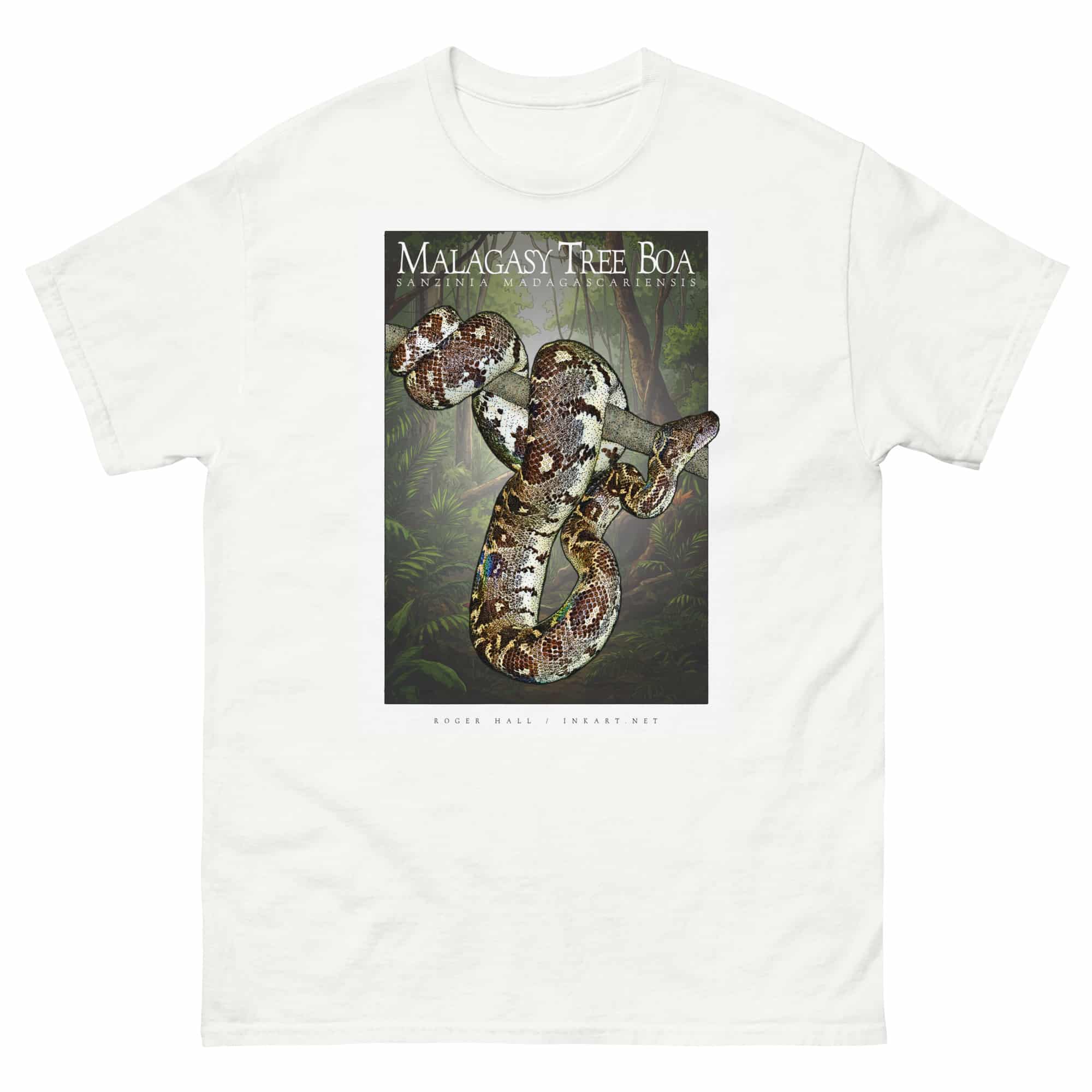 Malagasy Tree Boa unisex-classic-tee-white Fine art illustration of a Malagasy Tree Boa printed on a high-quality 100% unisex cotton t-shirt.