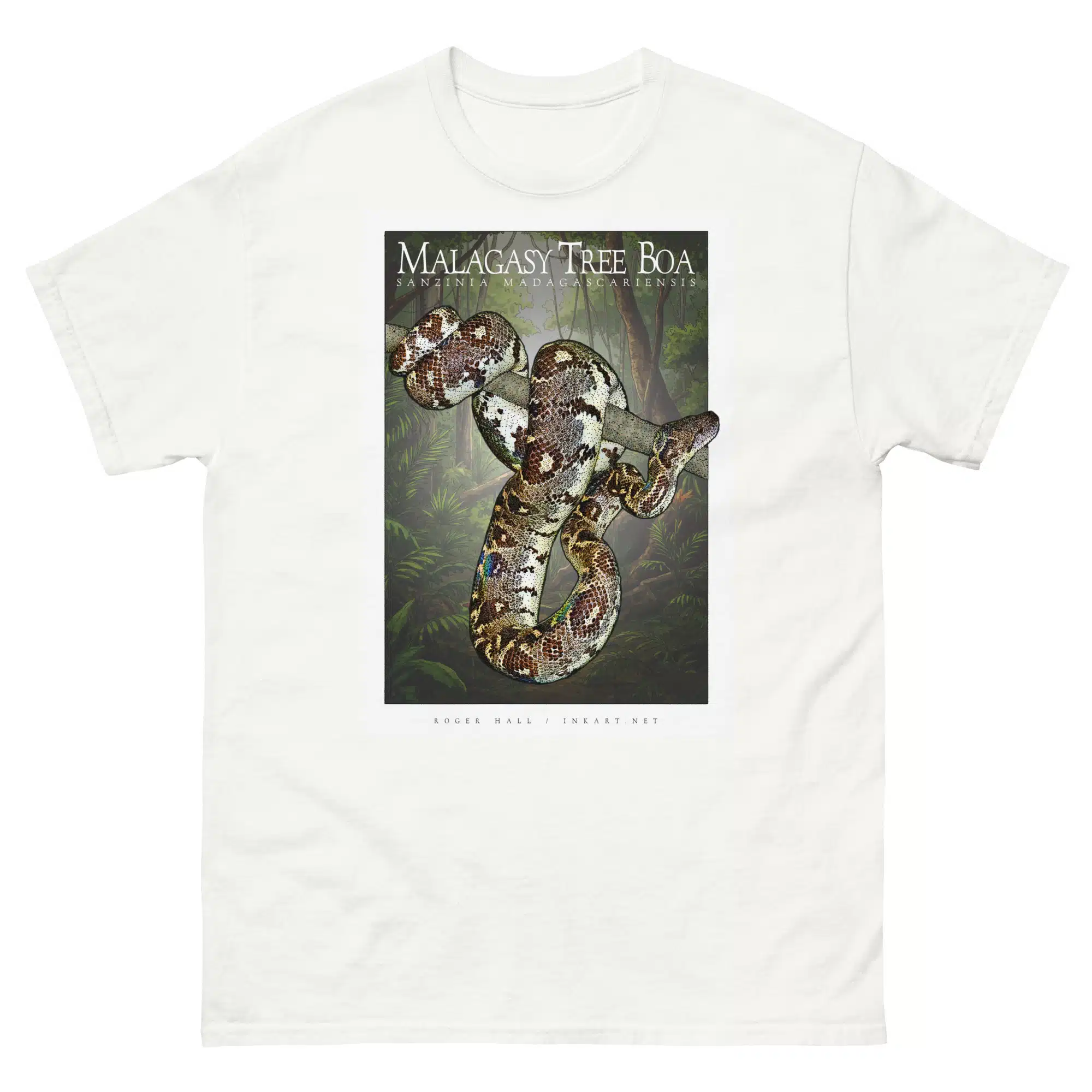 Malagasy Tree Boa unisex-classic-tee-white Fine art illustration of a Malagasy Tree Boa printed on a high-quality 100% unisex cotton t-shirt.