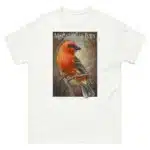 Fine art illustration of a Madagascar or Red Fody printed on a high-quality 100% unisex cotton t-shirt.