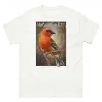 Fine art illustration of a Madagascar or Red Fody printed on a high-quality 100% unisex cotton t-shirt.