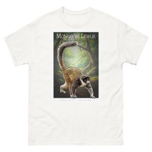Fine art illustration of a Mongoose Lemur printed on a high-quality 100% unisex cotton t-shirt.