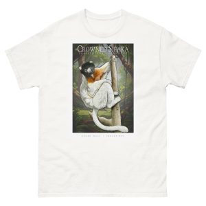 Fine art illustration of a Crowned Sifaka printed on a high-quality 100% unisex cotton t-shirt.