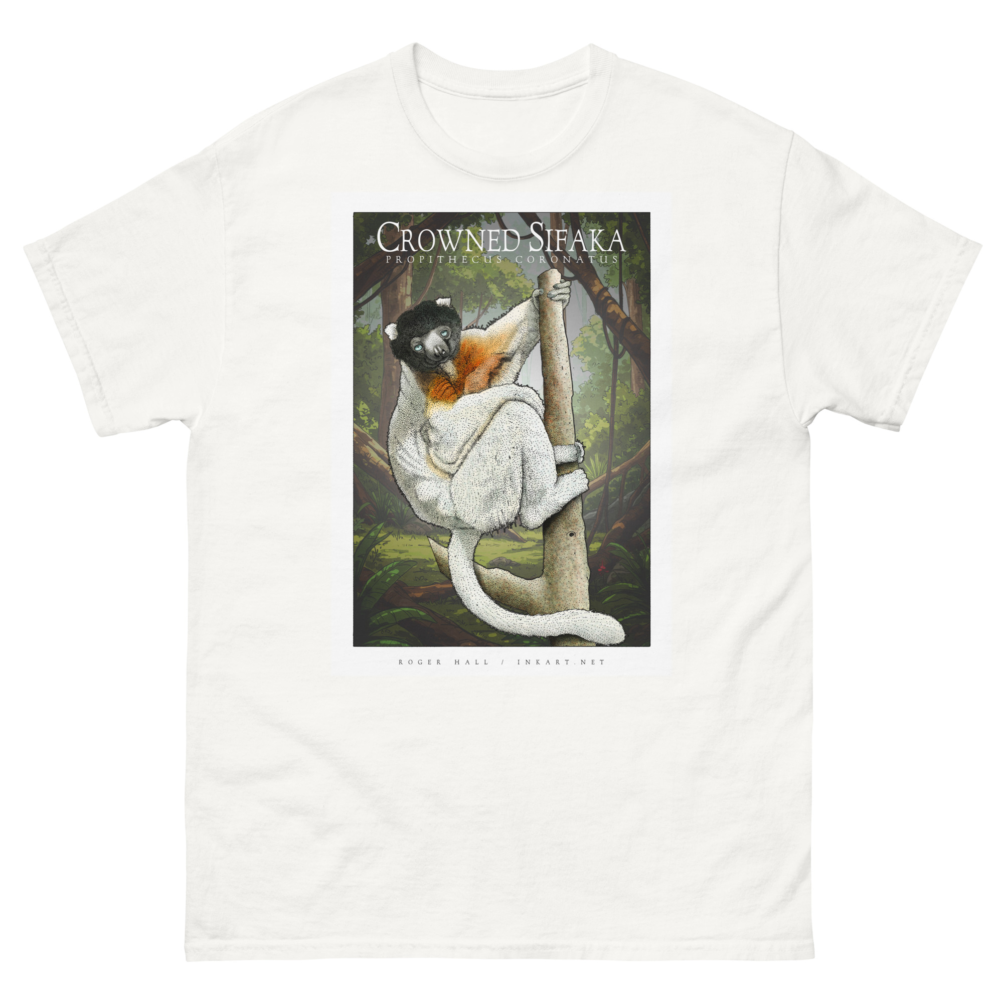 Crowned Sifaka unisex-classic-tee-white Fine art illustration of a Crowned Sifaka printed on a high-quality 100% unisex cotton t-shirt.